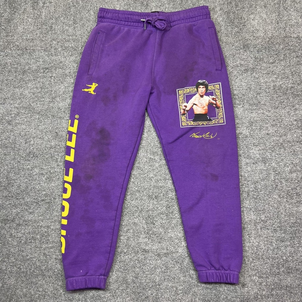 Bruce Lee Jogger Pants Mens Medium Purple Fleece Graphic Legend *STAINED